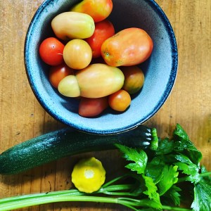 A picture of vegetables collected from the garden: tomatoes, zucchini, squash an celery.